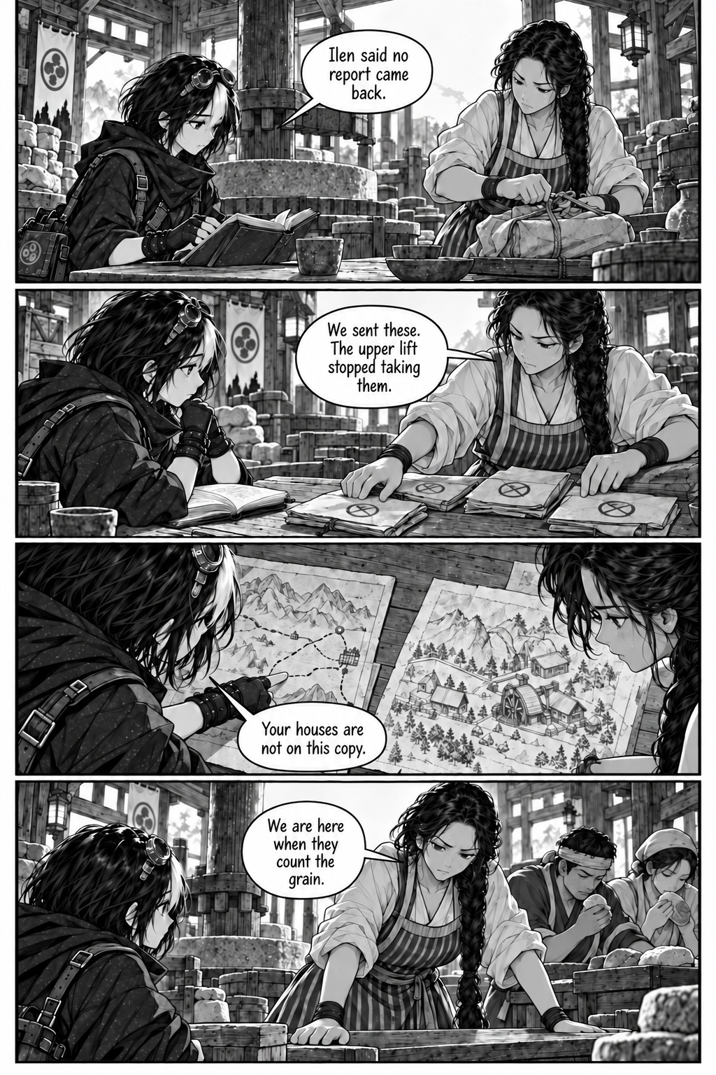 Borrowed Thunder, Chapter 3, page 5. Eda shows returned reports, and Neri finds homes missing from the official route map.