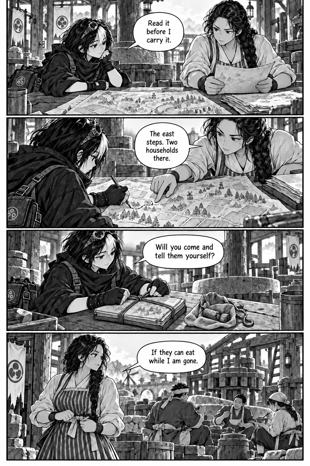 Borrowed Thunder, Chapter 3, page 7. Eda checks the route report; Neri packs the broken wooden pin as evidence and asks Eda to join her.