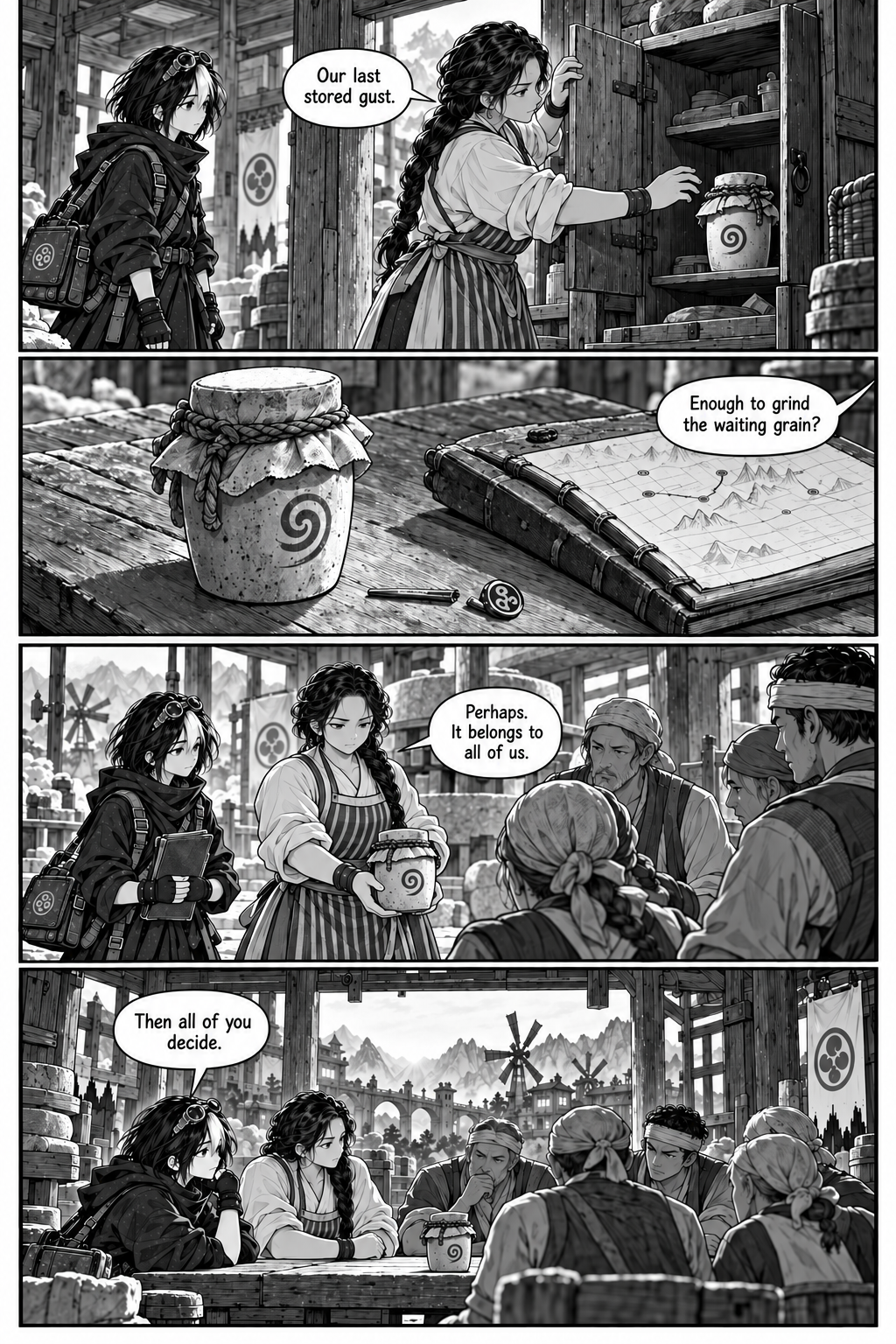 Borrowed Thunder, Chapter 3, page 8. Eda brings the community’s last sealed wind jar to its owners so they can decide together.