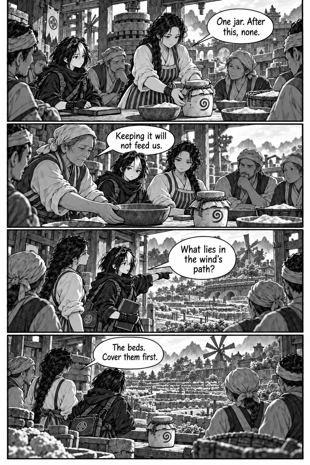 Borrowed Thunder, Chapter 4, page 1. The community agrees to spend its final stored gust after protecting the seed beds.
