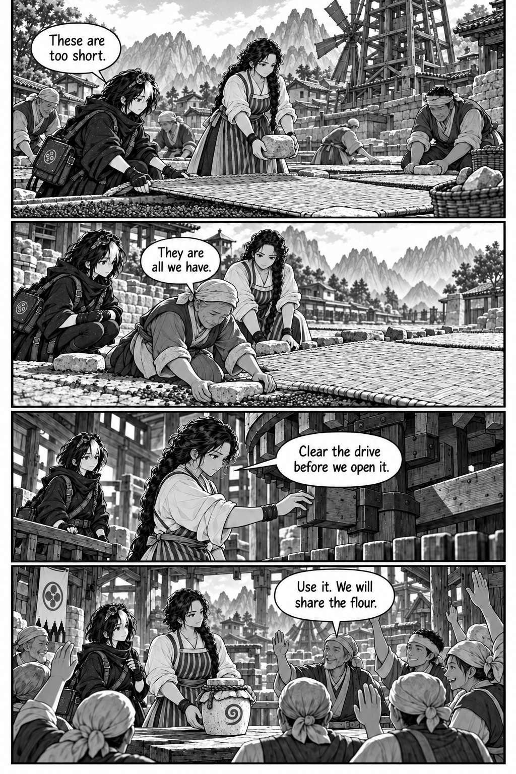 Borrowed Thunder, Chapter 4, page 2. Neighbours cover seed beds and clear the mill drive before opening the jar.