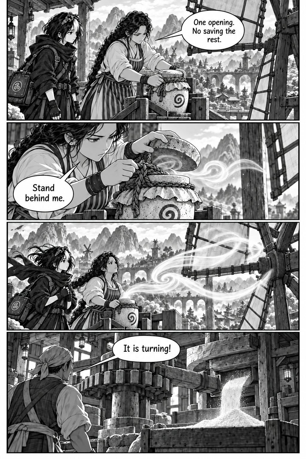 Borrowed Thunder, Chapter 4, page 3. Eda opens the wind jar and its gust starts the sails and mill.