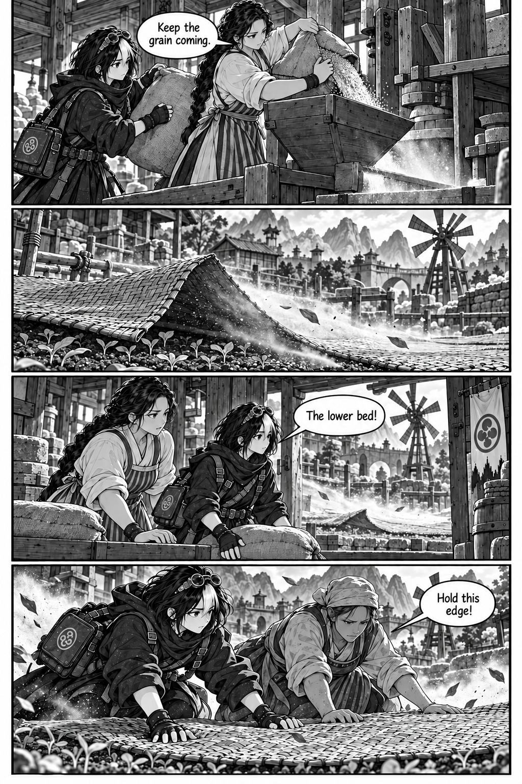 Borrowed Thunder, Chapter 4, page 4. Flour collects as a mat lifts; Neri helps hold the covering over the seedlings.