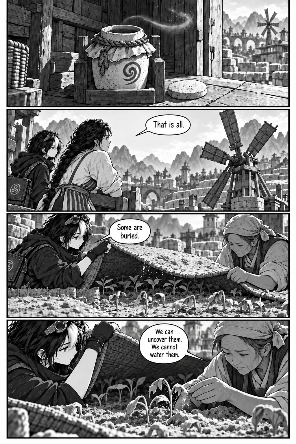 Borrowed Thunder, Chapter 4, page 5. The jar is spent, the mill stops, and dust covers some seedlings.