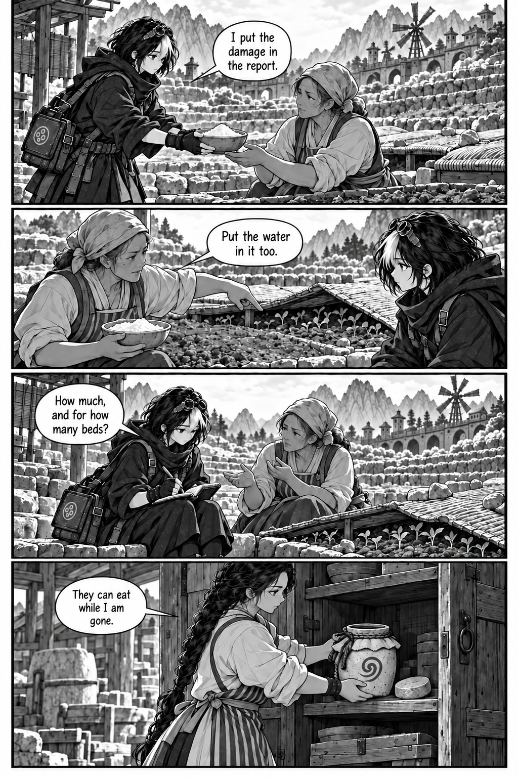 Borrowed Thunder, Chapter 4, page 7. Neri records water needs while Eda puts the empty jar away.