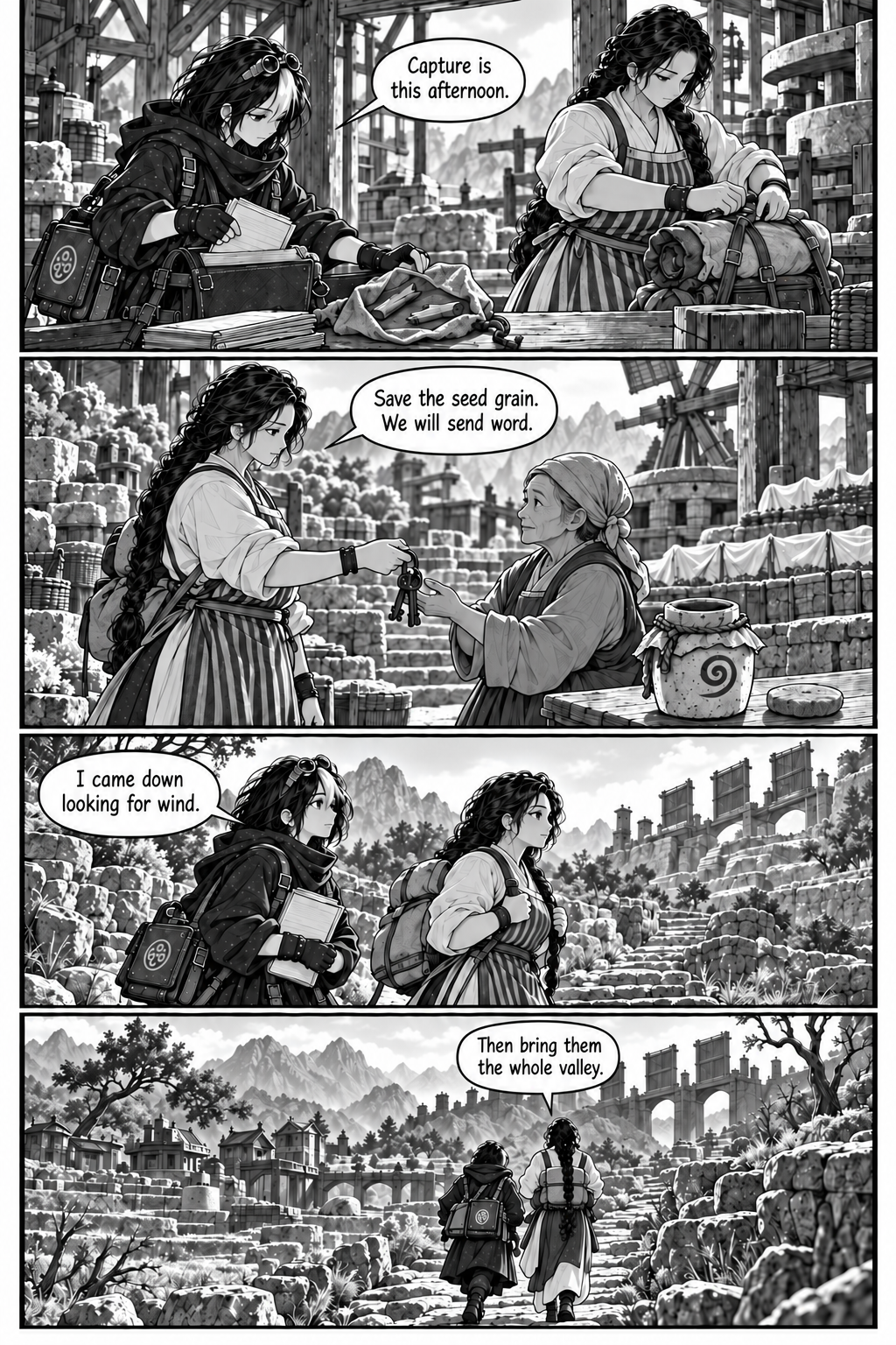 Borrowed Thunder, Chapter 4, page 8. Neri and Eda pack evidence, hand over the keys, and climb toward the ridge.