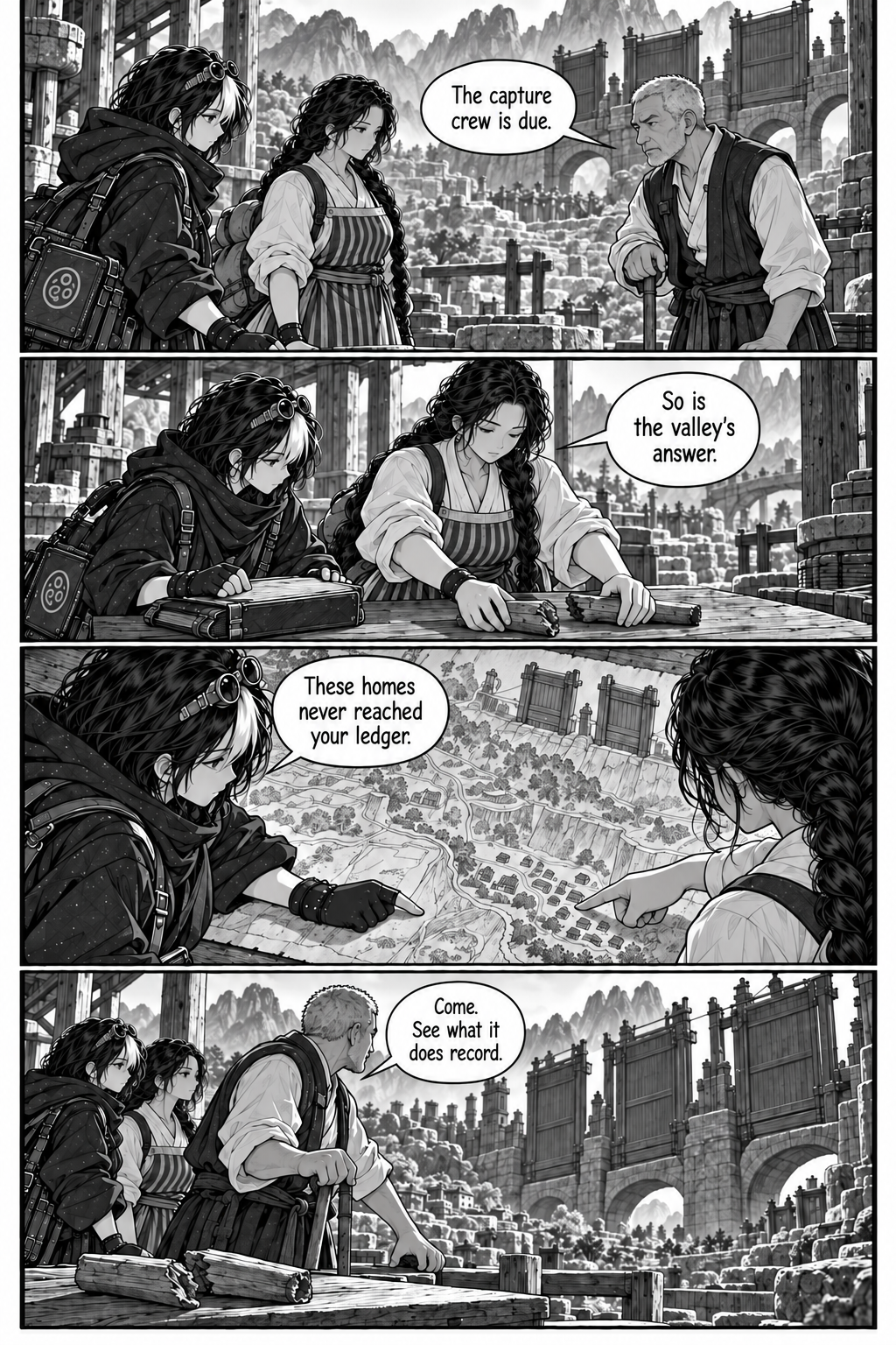 Borrowed Thunder, Chapter 5, page 1. Neri and Eda bring the valley evidence to the ridge works.