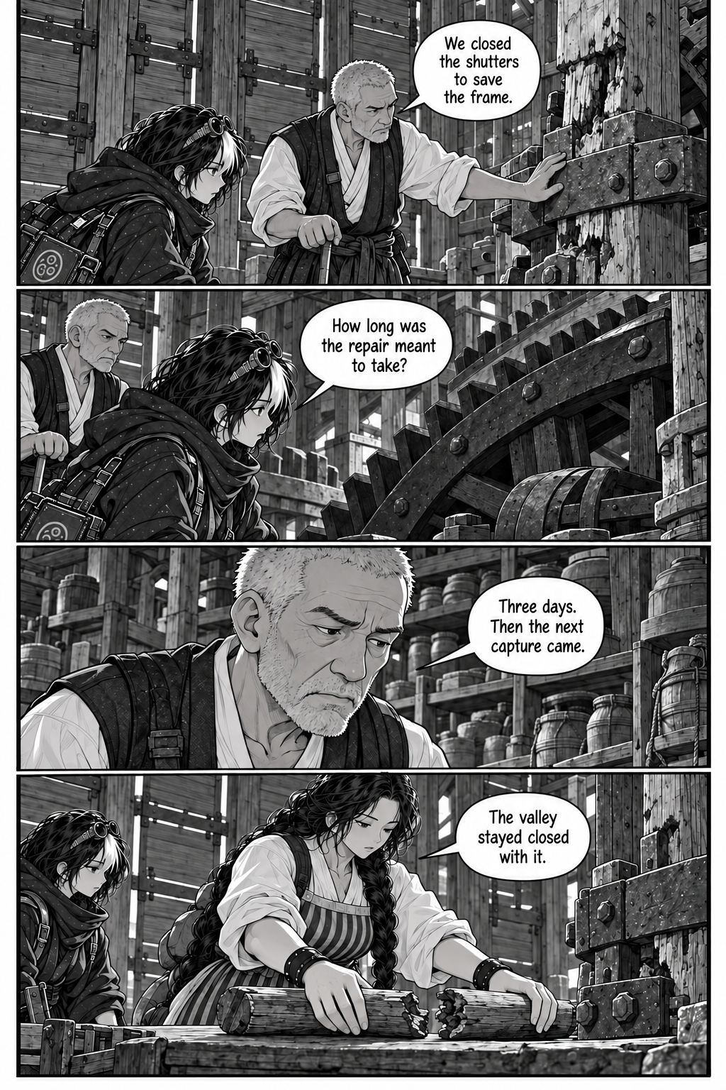 Borrowed Thunder, Chapter 5, page 3. The damaged ridge brace reveals why the shutters were closed for too long.