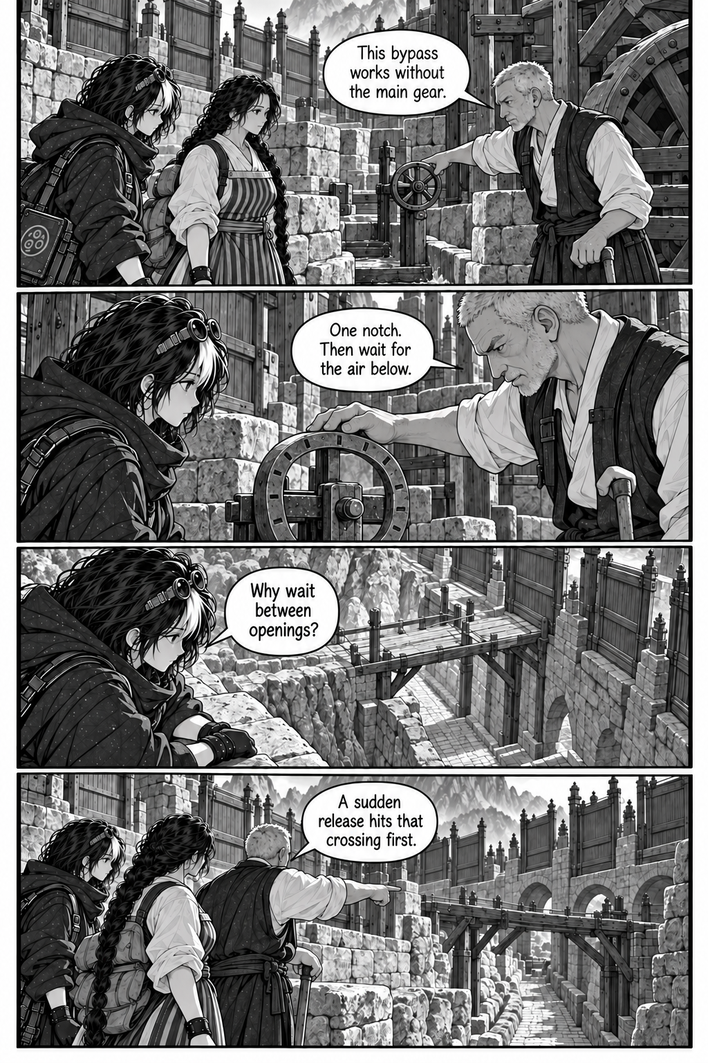 Borrowed Thunder, Chapter 5, page 4. Varo demonstrates the separate bypass wheel and warns of a surge at the crossing.