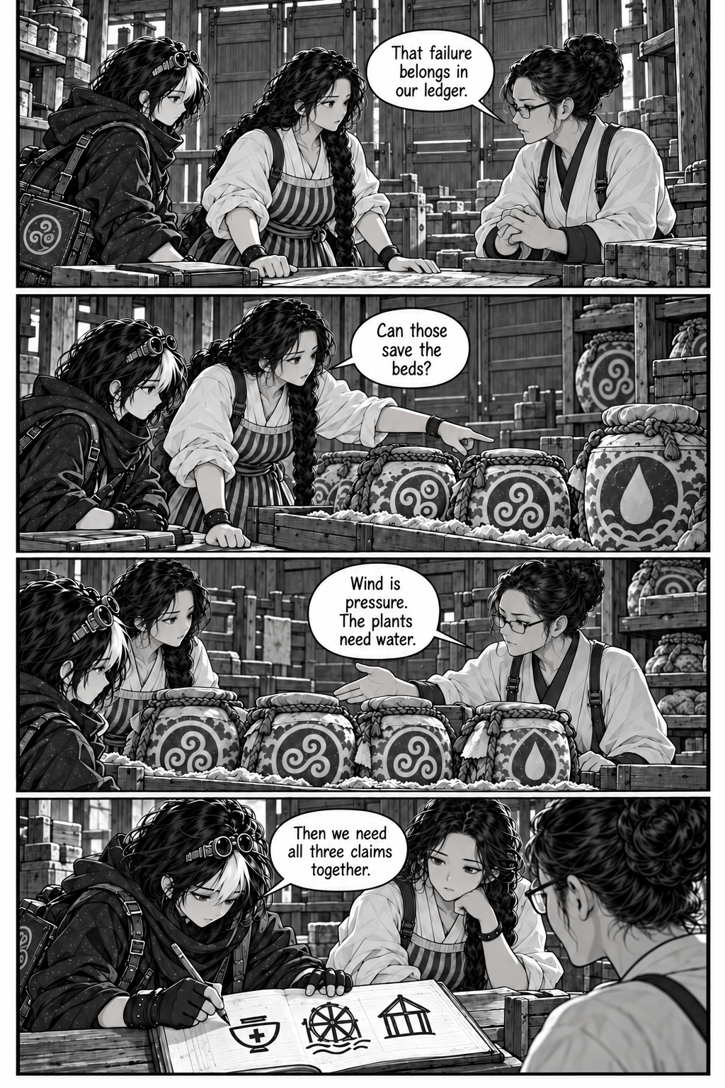 Borrowed Thunder, Chapter 5, page 6. Ilen accepts the missing reports; Neri records the infirmary, mill and ridge needs.