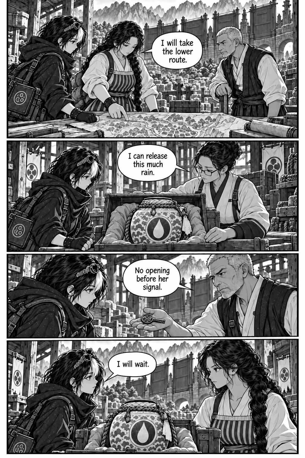 Borrowed Thunder, Chapter 5, page 8. Eda prepares to signal from below; Neri promises to wait before opening.