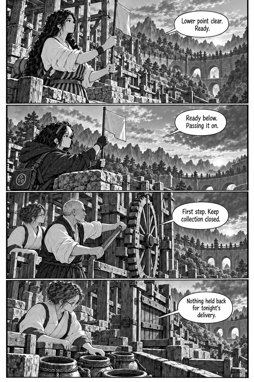 Borrowed Thunder, Chapter 9, page 1 of 8: At dusk Eda checks the empty lower path and raises her single flag upright from the stone landing.