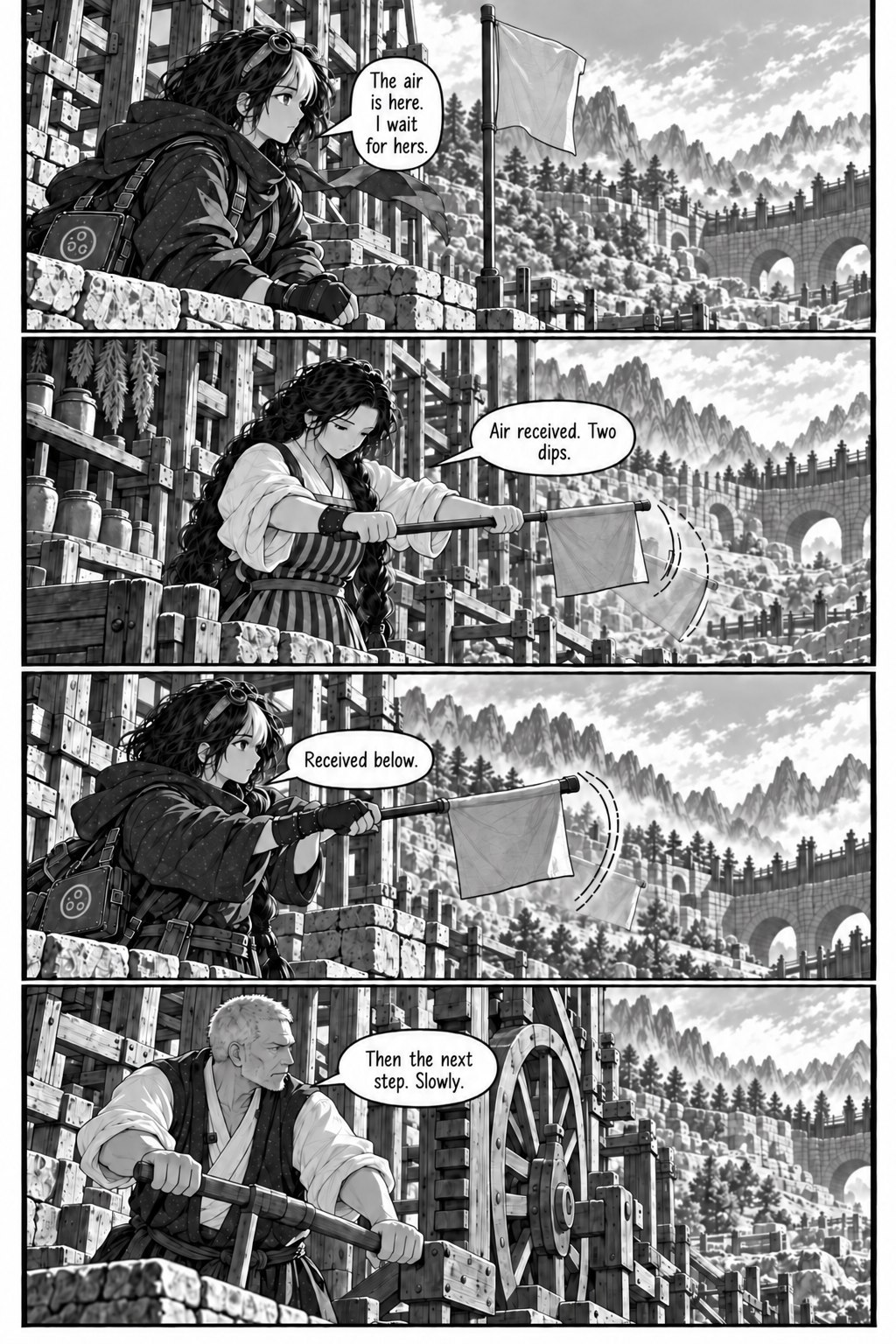 Borrowed Thunder, Chapter 9, page 2 of 8: Neri waits at her exposed flag post as the first breeze reaches her scarf; the lower flag remains distant.