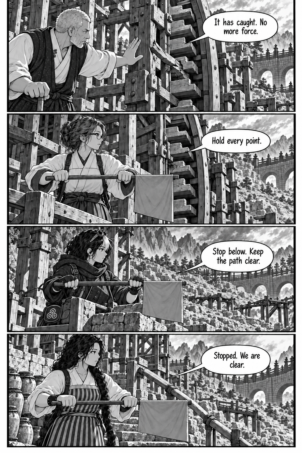 Borrowed Thunder, Chapter 9, page 3 of 8: Close view of the damaged main wooden gear: a worn tooth catches against a warped brace. Varo stops with hands clear.
