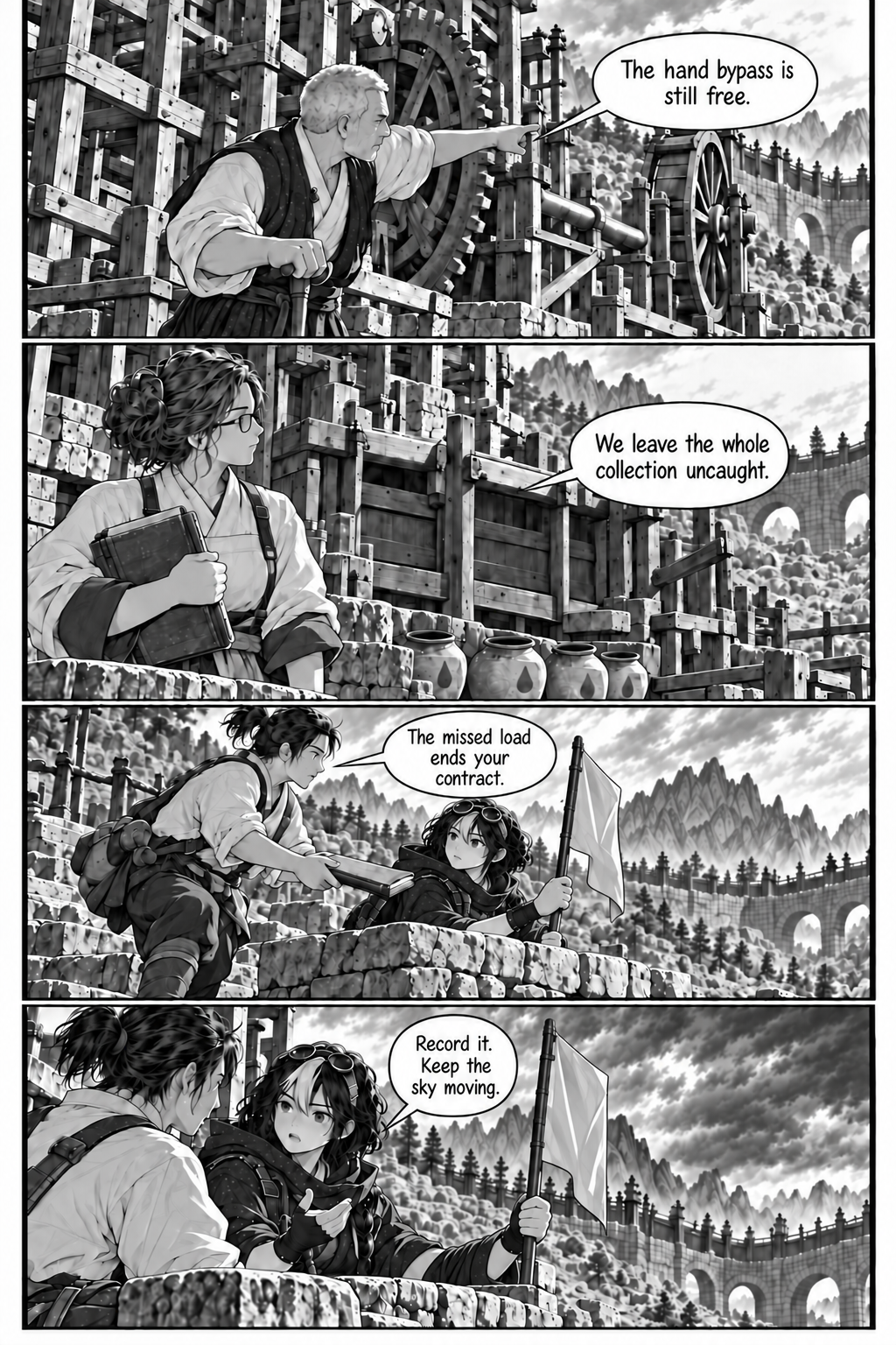 Borrowed Thunder, Chapter 9, page 4 of 8: Varo points from the jammed main gear to the separate vertical wooden hand-bypass wheel, visibly connected to a smaller air channel.
