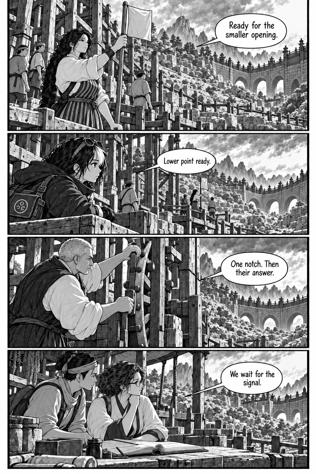 Borrowed Thunder, Chapter 9, page 5 of 8: Eda raises her flag upright again at the lower landing, with workers clear of the path.