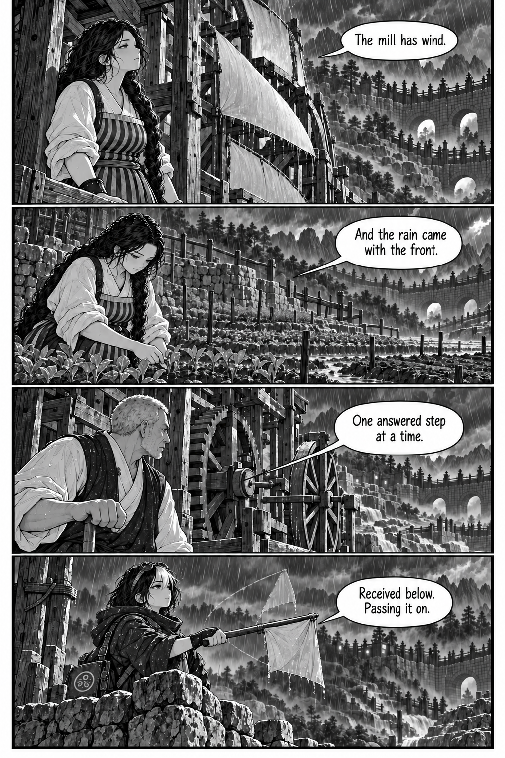 Borrowed Thunder, Chapter 9, page 7 of 8: In early night the natural front reaches the valley. Eda stands under the mill eave as its cloth sails begin to turn in the wind.
