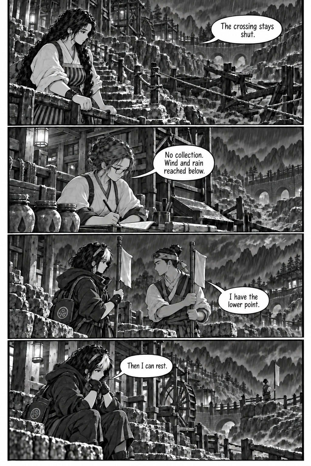 Borrowed Thunder, Chapter 9, page 8 of 8: Night rain runs over the empty broken timber crossing, cordoned off; the longer stone route and temporary handrail remain in use.