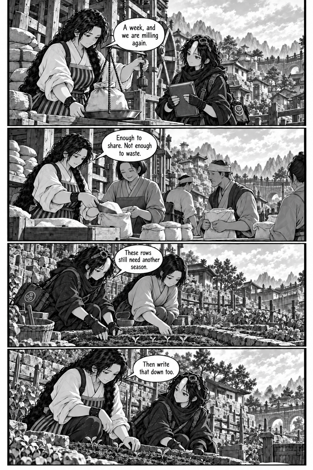 Borrowed Thunder, Chapter 10, page 1 of 8: One week later in morning light, Eda weighs a modest sack of flour at the turning mill. Neri arrives carrying the return ledger.