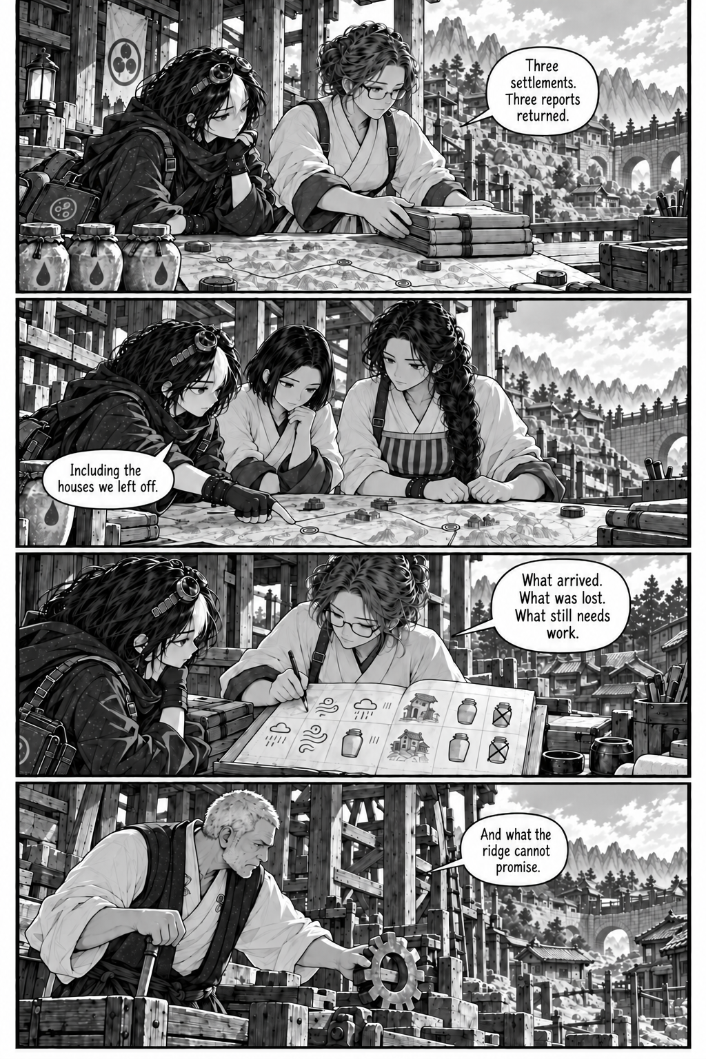 Borrowed Thunder, Chapter 10, page 2 of 8: At the ridge office Ilen lays three return reports beside the old incomplete map, watched by Neri.