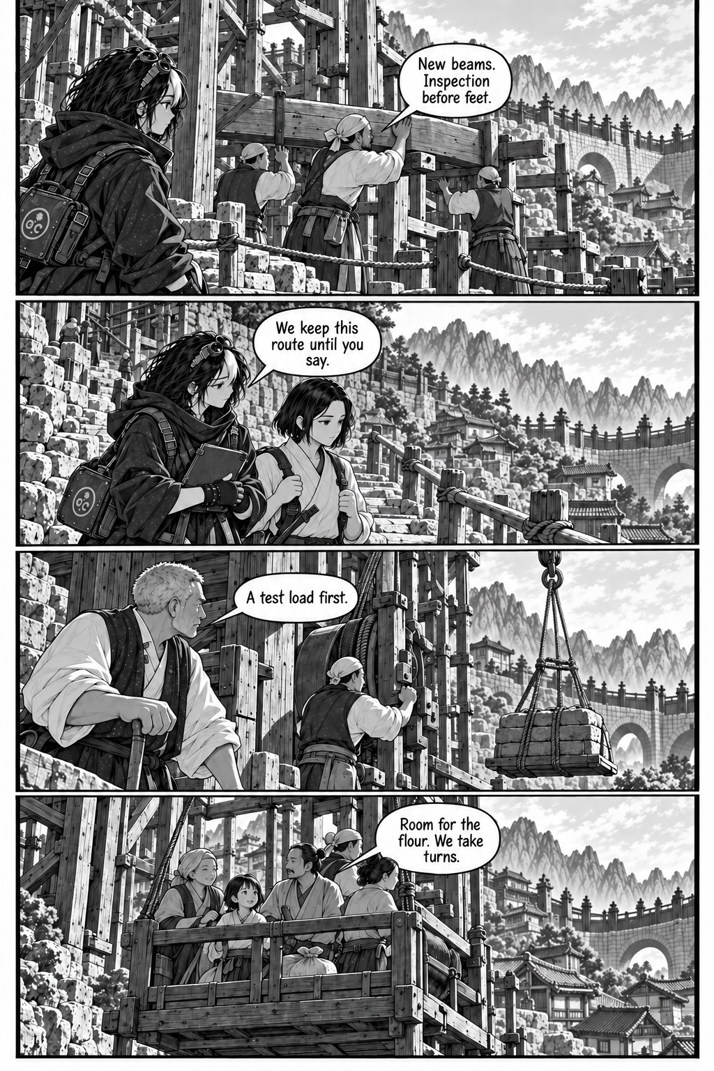Borrowed Thunder, Chapter 10, page 3 of 8: A carpenter in a headcloth and two workers fit a new beam into the damaged crossing. Barrier ropes still exclude pedestrians. Neri watches from the safe stone path.