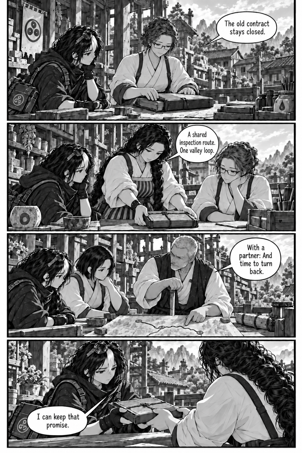 Borrowed Thunder, Chapter 10, page 4 of 8: Ilen closes Neri's old delivery contract ledger at the office counter while Neri listens.