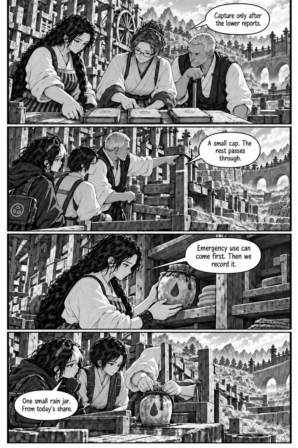 Borrowed Thunder, Chapter 10, page 5 of 8: Ilen, Varo and Eda meet beside the ridge collector with three returned report books on a table.