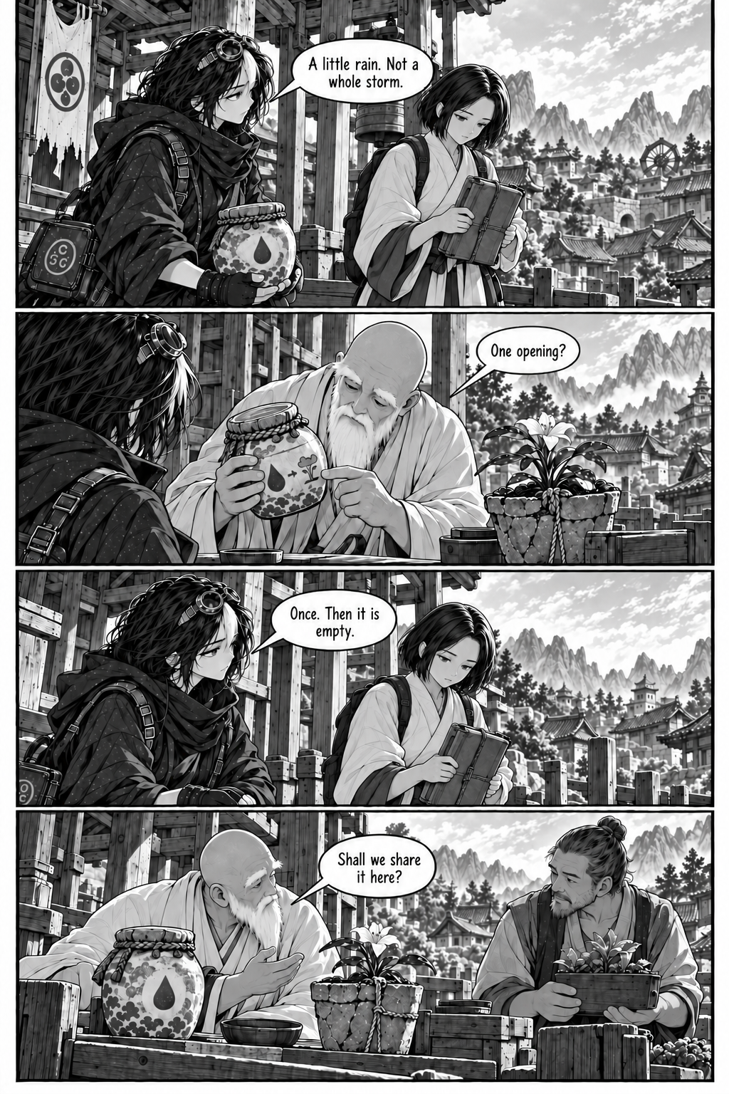 Borrowed Thunder, Chapter 10, page 6 of 8: Neri and her plain-clothed runner partner arrive at Orin's bell-tower porch with one small sealed droplet-marked rain jar and the route book.
