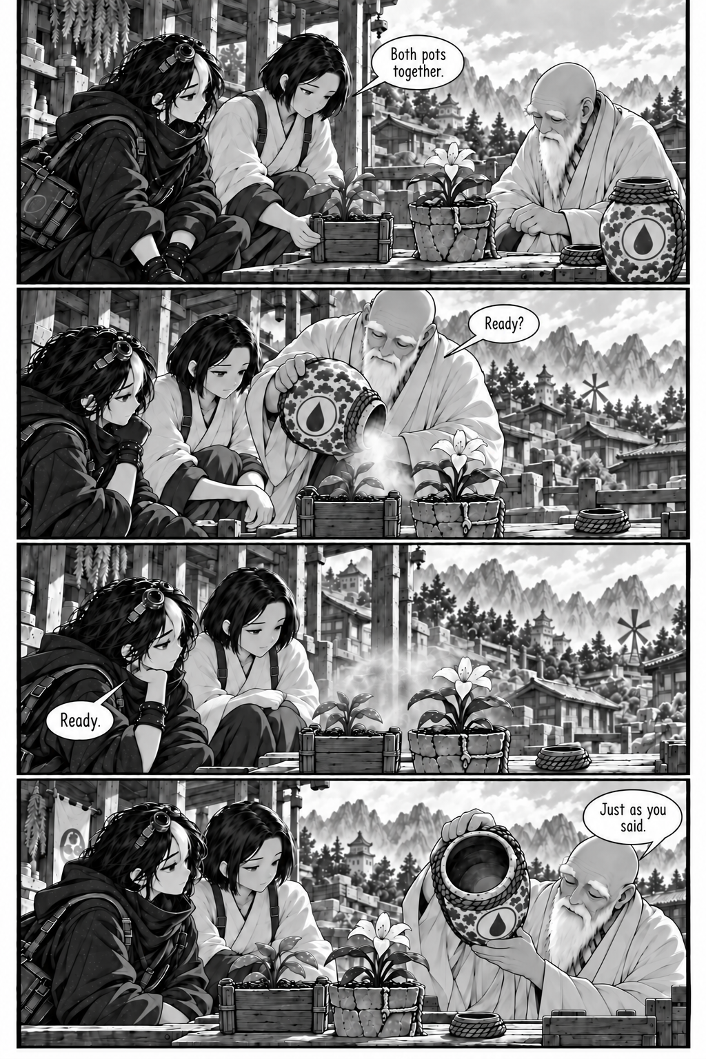 Borrowed Thunder, Chapter 10, page 7 of 8: Orin's neighbour positions their modest seedling planter beside his familiar cracked flowerpot with ordinary white flower.