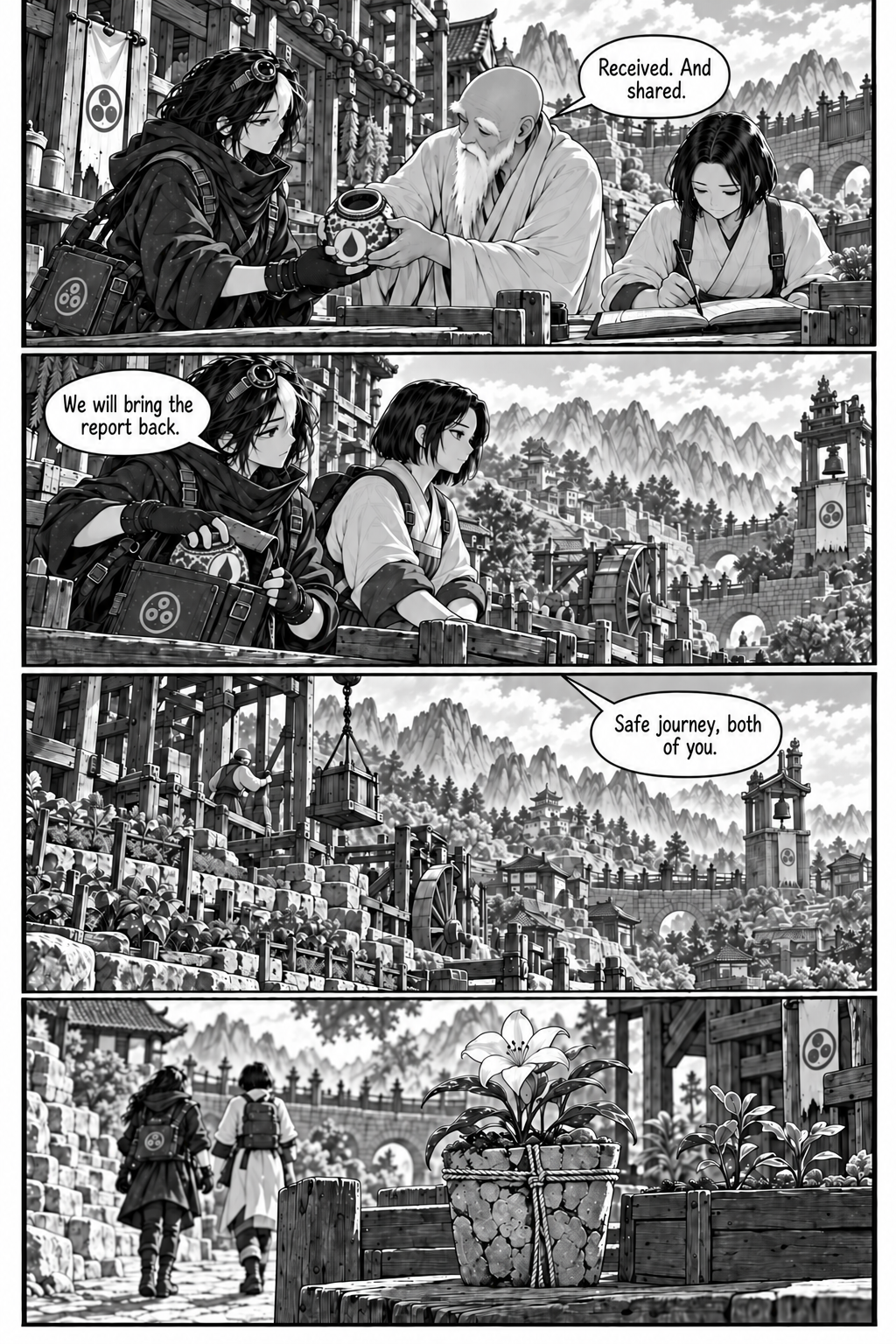 Borrowed Thunder, Chapter 10, page 8 of 8: Orin returns the empty small jar to Neri while her partner records the delivery in the route book.