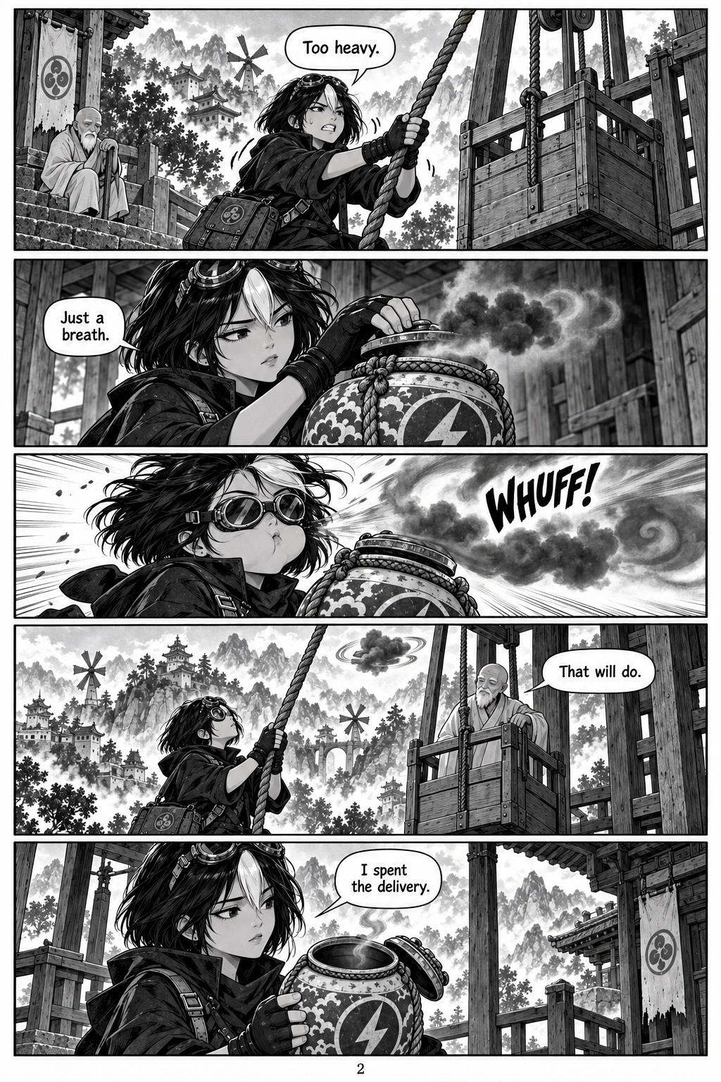 Borrowed Thunder, chapter 1, page 2. Full dialogue and description in the transcript.