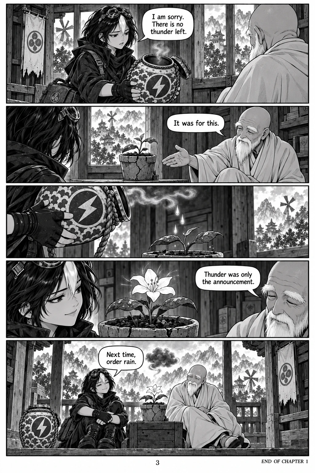 Borrowed Thunder, chapter 1, page 3. Full dialogue and description in the transcript.