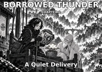 Borrowed Thunder — Chapter 1: A Quiet Delivery. Neri brings Orin a last wisp of rain for his flower on a mountain lift. Dedicated chapter cover.