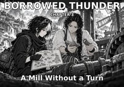 Borrowed Thunder — Chapter 3: A Mill Without a Turn. Neri studies the valley map while Eda holds the broken wooden drive pin. Dedicated chapter cover.