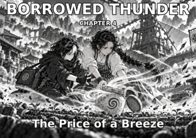 Borrowed Thunder — Chapter 4: The Price of a Breeze. Neri and Eda brace against the last stored gust beside the mill and seed beds. Dedicated chapter cover.