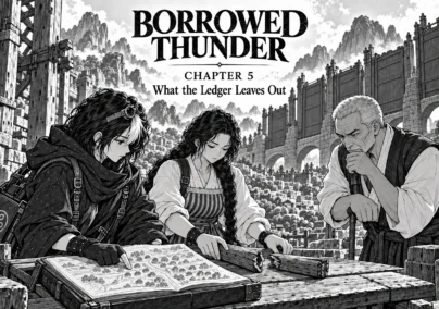 Borrowed Thunder, Chapter 5: What the Ledger Leaves Out. Dedicated cover with Neri, Eda and Varo.