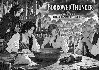 Chapter 7 - Three Claims on One Sky. A bowl, flour and damaged brace represent three shared needs.