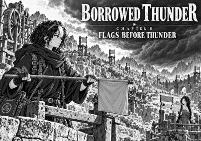 Borrowed Thunder, Chapter 8: Flags Before Thunder. Neri holds a horizontal stop flag above the valley.