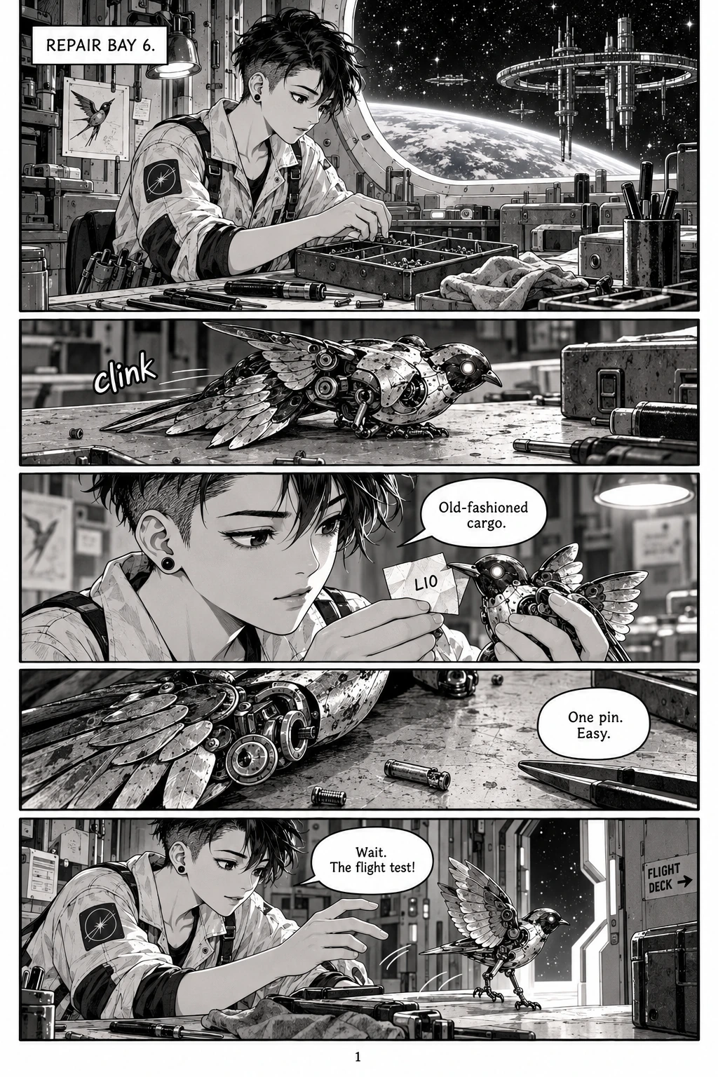 Clockwork Swallow, chapter 1, page 1. Full dialogue and description in the transcript.