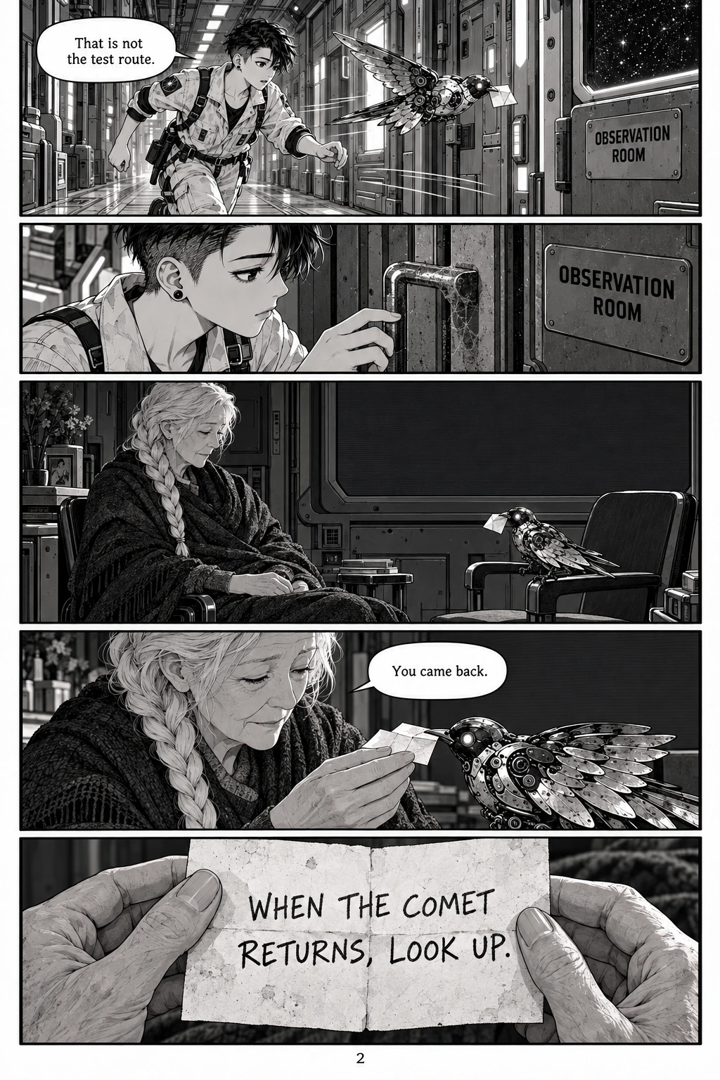Clockwork Swallow, chapter 1, page 2. Full dialogue and description in the transcript.
