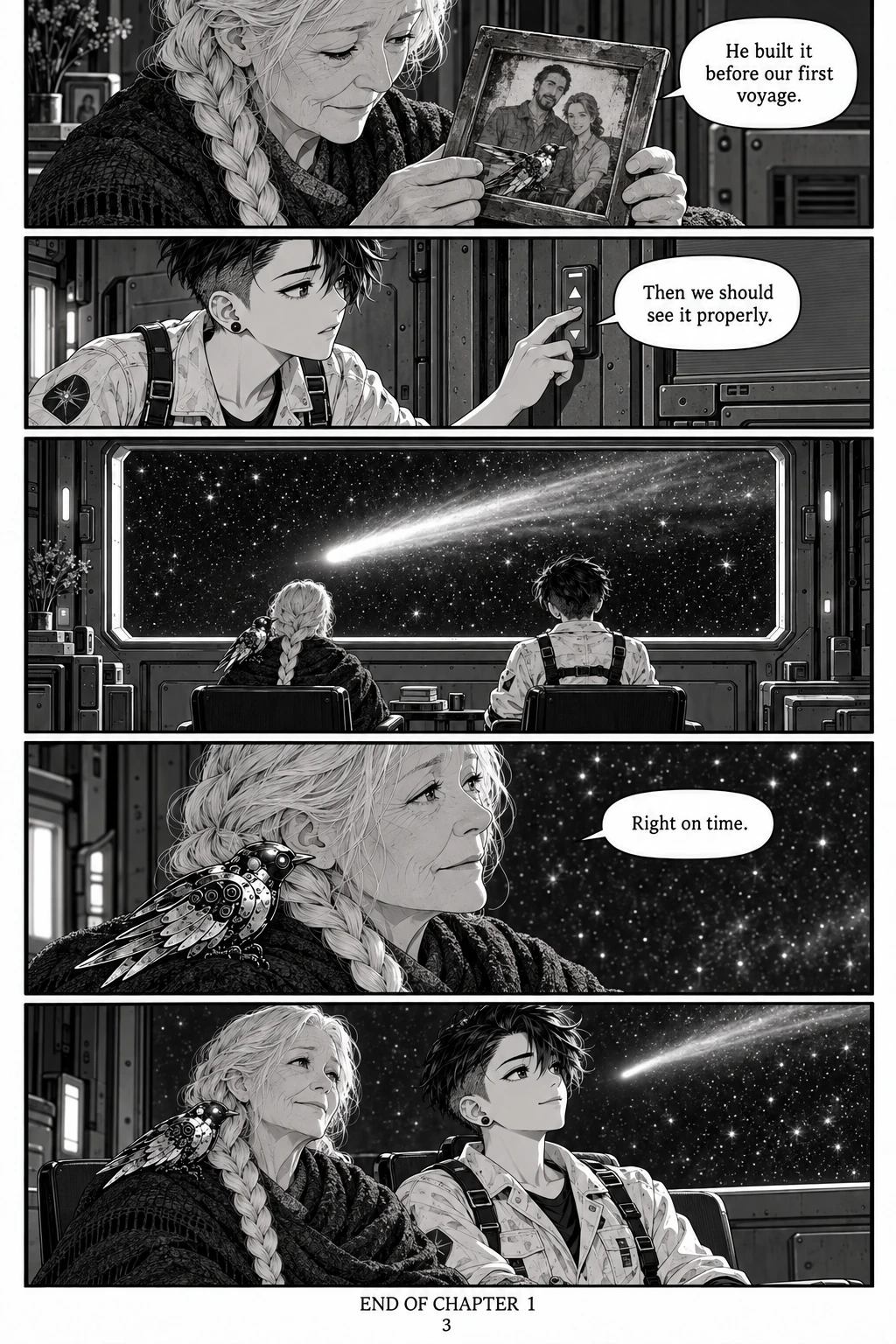 Clockwork Swallow, chapter 1, page 3. Full dialogue and description in the transcript.