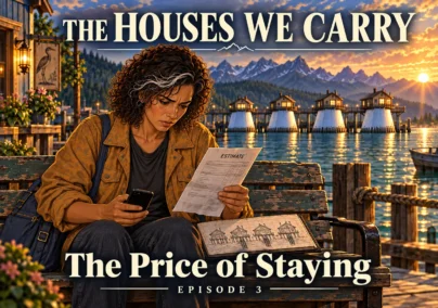The Houses We Carry — Episode 3: The Price of Staying. Mara studies the repair estimate on a harbour bench.