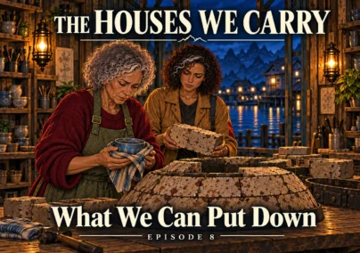 The Houses We Carry — Episode 8: What We Can Put Down. Edda holds her blue bowl as Mara helps dismantle the kiln.