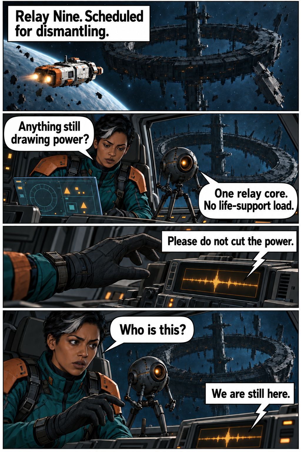 Mara and Sio approach an abandoned relay and receive an unexpected call. Full dialogue and scene descriptions are in the transcript below.