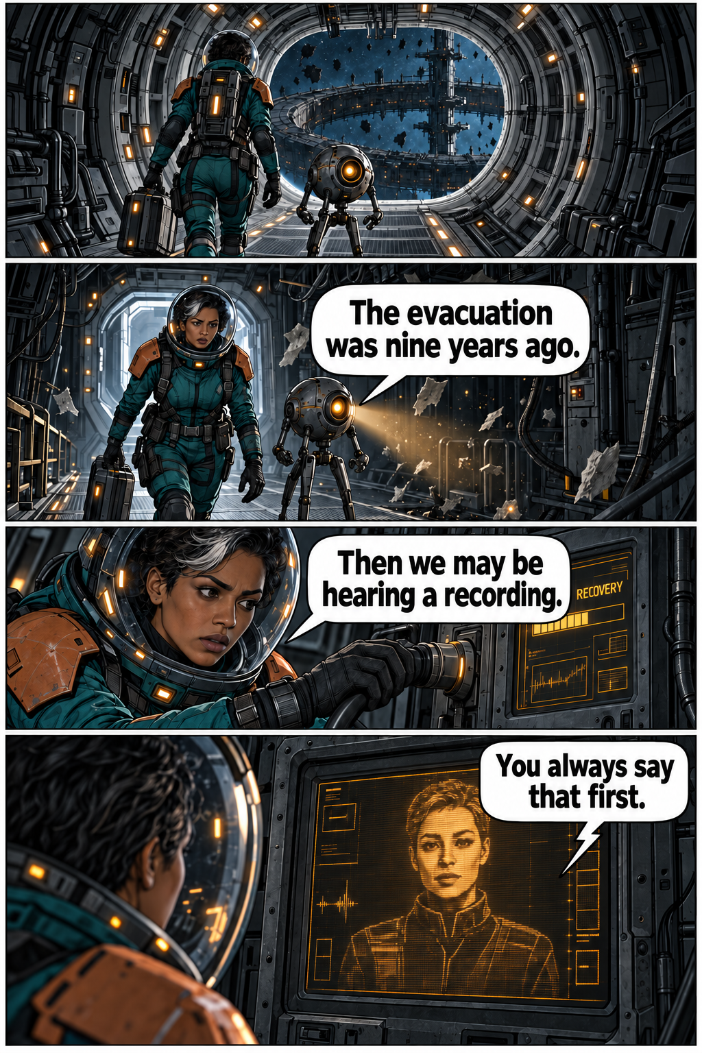 Mara enters the relay and finds Inez appearing on a wall screen. Full dialogue and scene descriptions are in the transcript below.