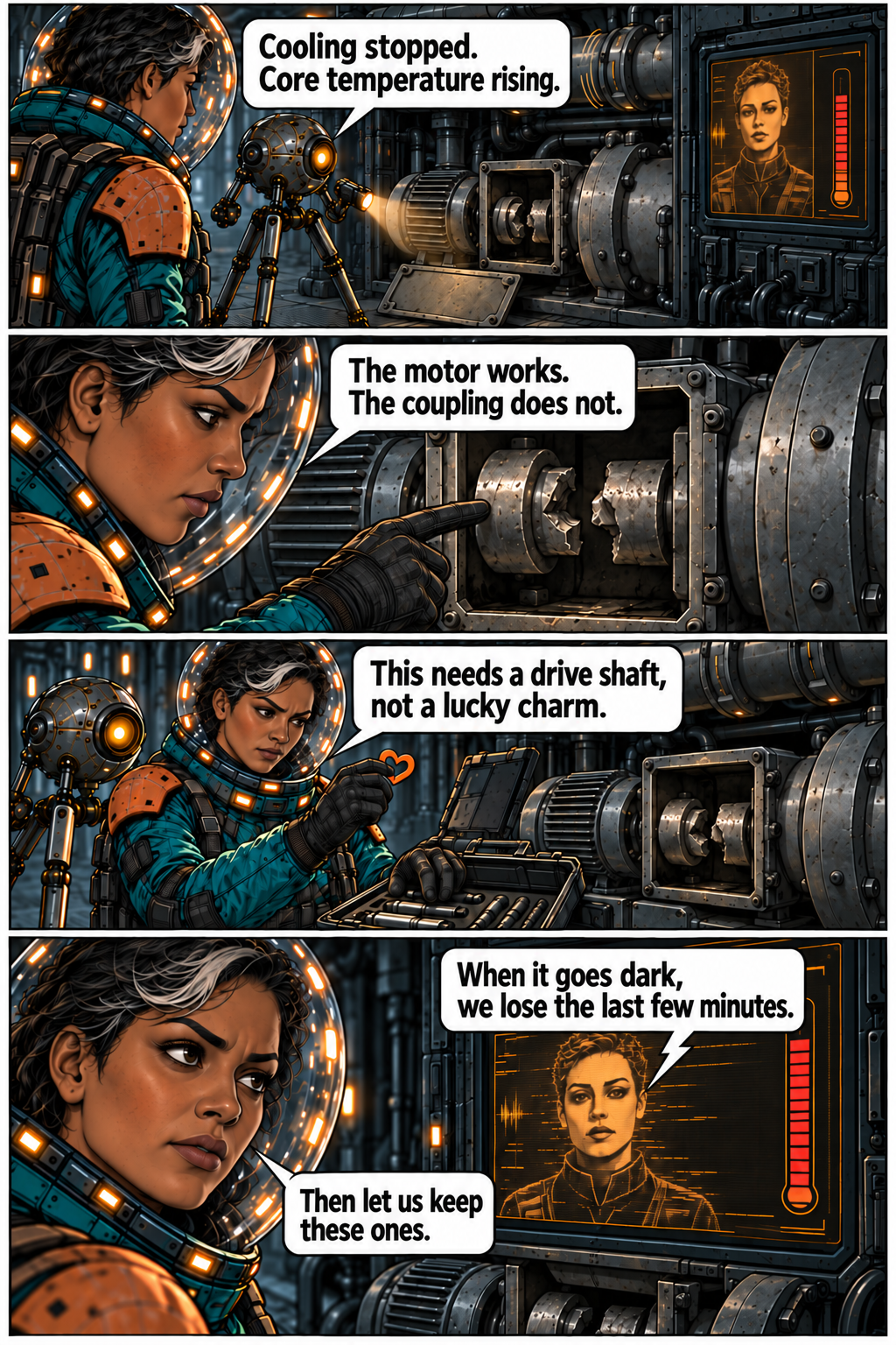 A broken coolant-pump coupling threatens the stored people. Full dialogue and scene descriptions are in the transcript below.