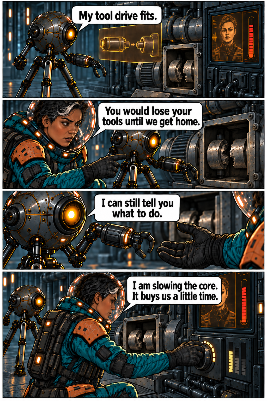 Sio offers its tool drive while Mara slows the overheating core. Full dialogue and scene descriptions are in the transcript below.