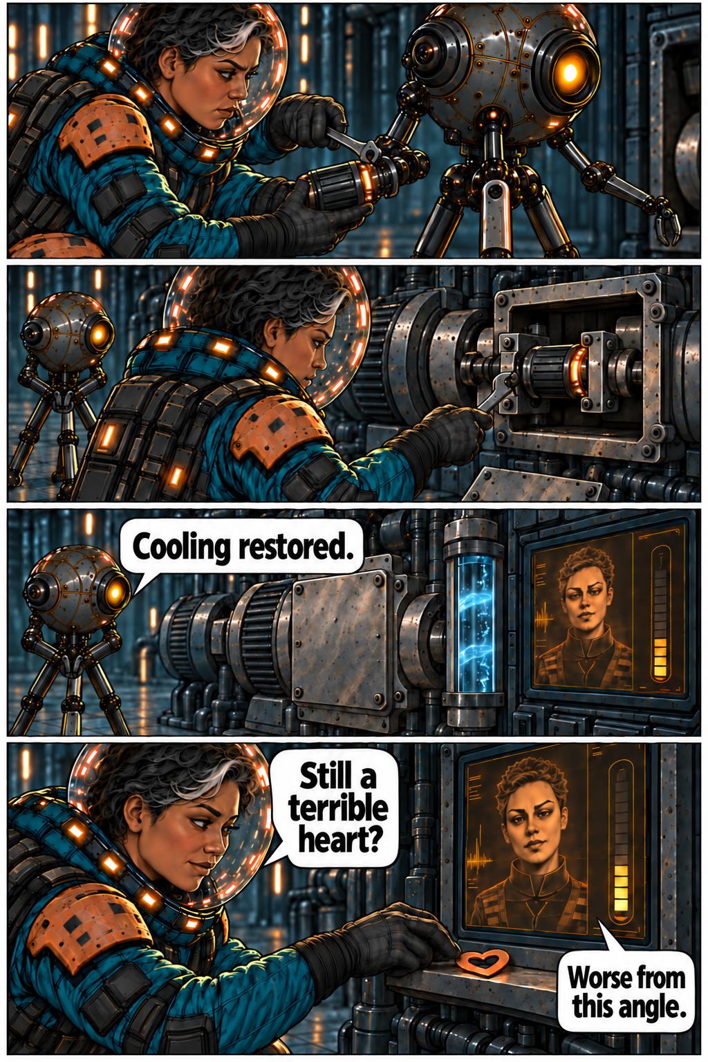 Mara fits the drive and restores cooling to the relay. Full dialogue and scene descriptions are in the transcript below.