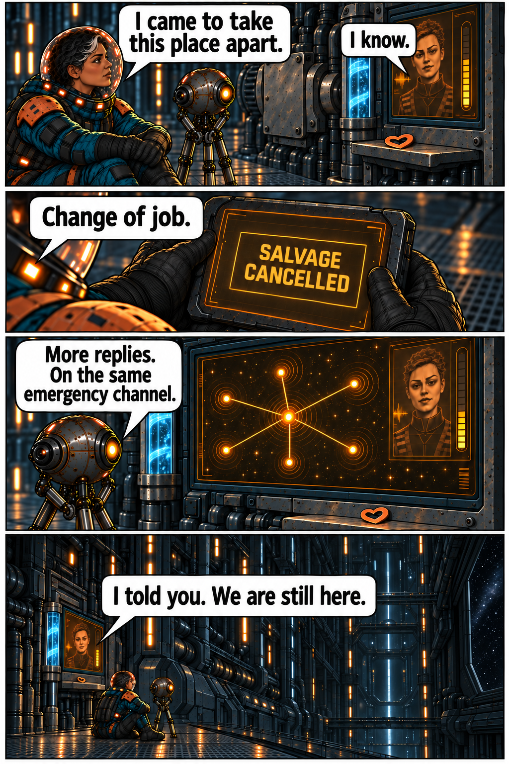 Mara cancels salvage as more relay stations answer the emergency channel. Full dialogue and scene descriptions are in the transcript below.