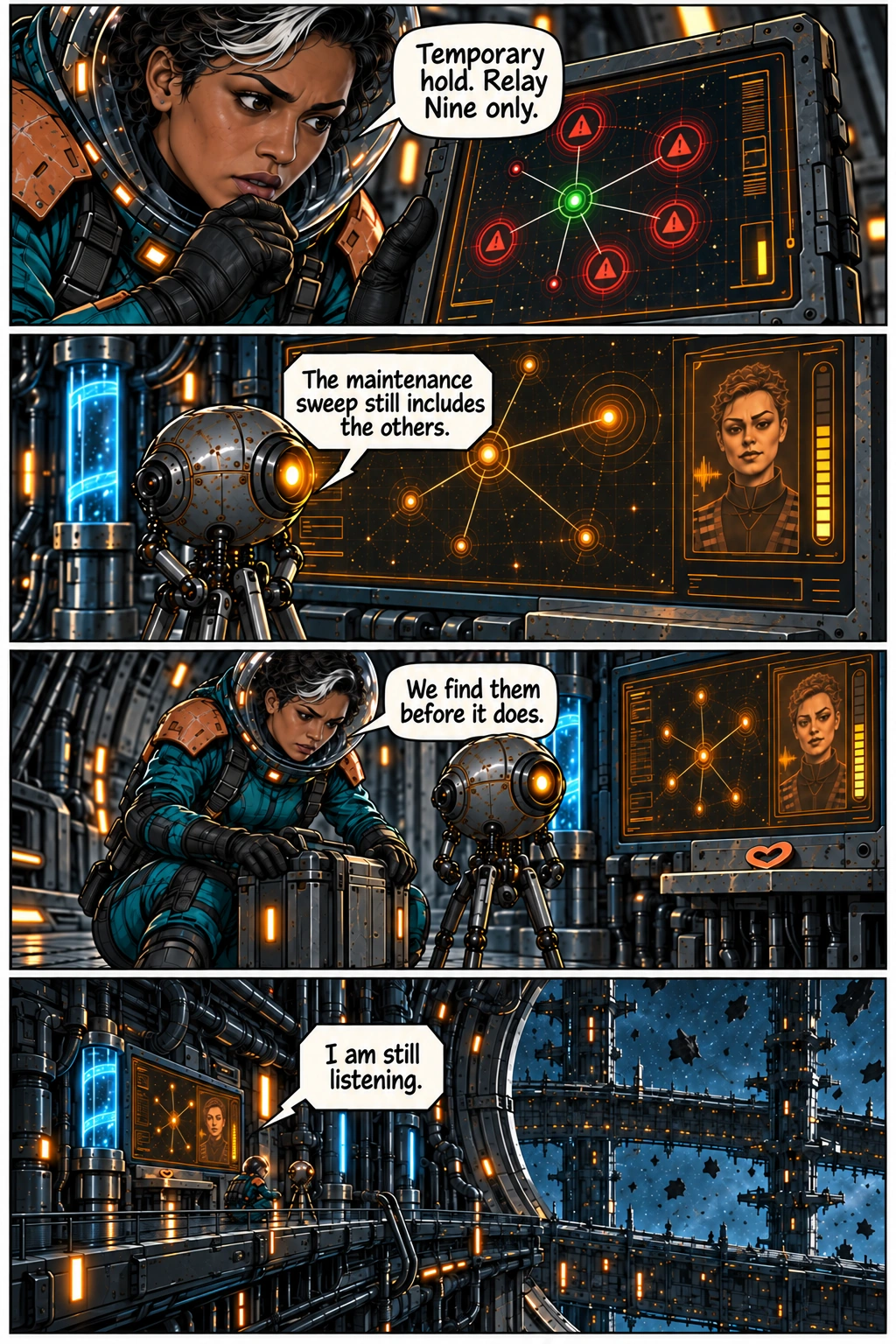 Relay Nine receives a temporary hold, but the other stations remain at risk. Full dialogue and scene descriptions are in the transcript below.